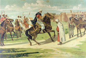 Muza Ibn Nusayr 将军在征服安达卢西亚和埃斯特雷马杜拉期间鞭打不服从命令的副手塔里克（彩色石版印刷）。 作者 西班牙语学校