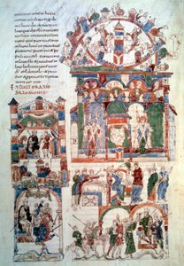 所罗门的历史：““所罗门王接受贡品””页（fol. 129 v;）取自 11 世纪在西班牙制作的“”The Bible of Roda”（man. lat. 6）。 巴黎，B.N. 作者 西班牙语学校