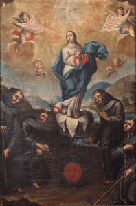 圣母无原罪与园艺方济各会。唱诗班的起源。左下方有签名 "ADEVOZION DE DA TERESA, Sanchez Yepros"。18 世纪。胡安-桑切斯。 作者 西班牙语学校