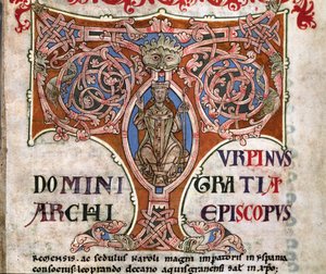 初始T描述了Charlemagne，来自Codex Calixtinus的插图，c.1140 作者 西班牙语学校