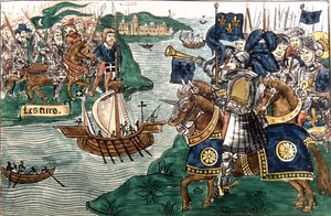 国王路易九世（1214-70 年）和十字军于 1270 年抵达迦太基（牛皮纸） 作者 西班牙语学校