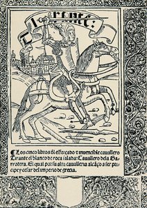 骑士在他的坐骑上，Joanot MARTORELL (1413-1468) 西班牙作品《Tirant lo Blanc》的卷首 作者 西班牙语学校