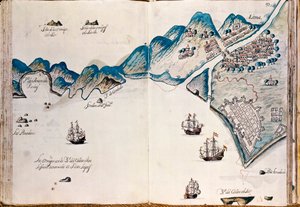 新西班牙，秘鲁海岸和利马市的部分地图，来自“从现在开始，南美洲美国海岸的地图，其中包括孔波斯特拉市的西班牙人的最后居住地” 作者 西班牙语学校