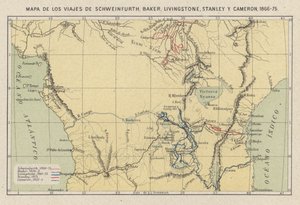 Map showing the journeys of the explorers Georg August Schweinfurth, Samuel Baker, David Livingstone, Henry Morton Stanley and Verney Lovett Cameron in Africa 作者 西班牙语学校