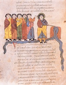 摩西在Horeb，Exodus 17 1-7，来自St. Isidores的Visigothic-Mozarabic Bible，fol.40v。，AD 960（在牛皮纸上的蛋彩画）使水流出岩石 作者 西班牙语学校