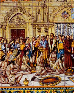 美国原住民于1492年将哥伦布的随从带入西班牙（陶瓷） 作者 Spanish School
