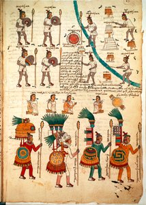 来自 Codex Mendoza 的页面显示了手持长矛和盾牌的阿兹特克战士，c.1541-42（纸上笔墨） 作者 西班牙语学校
