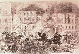 马德里的民粹主义起义，1854 年暴乱者试图放火焚烧玛丽亚-克里斯蒂娜王后的宫殿（石版画） 作者 西班牙语学校