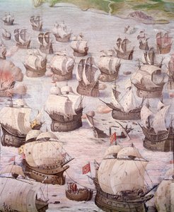 1582 年，西班牙国王菲利普二世 (1527-1598) 在远征 Acores 期间参加了西班牙帆船赛。 16 世纪的壁画。 战斗大厅，埃斯科里亚尔宫，马德里。 作者 西班牙语学校