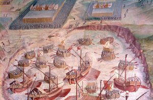 Regatta of Spanish galleons during an expedition to the Acores in 1582 under Philip II (1527-1598), King of Spain. 16th century fresco. Hall of Battles, Palace of the Escorial, Madrid. 作者 西班牙语学校