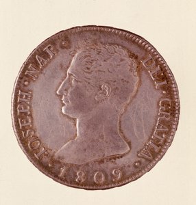 来自西班牙的银币（douro 或 piastra）：约瑟夫·拿破仑 (Joseph Napoleon) 统治时期 (1808-1813)。 直径 1809 年 4 厘米那不勒斯，考古博物馆 作者 西班牙语学校