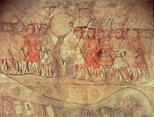 国王詹姆斯一世 (1208-76) 军队的士兵，一群手持弓箭和长矛的步兵，巴塞罗那前皇宫壁画的细节（壁画） 作者 西班牙语学校