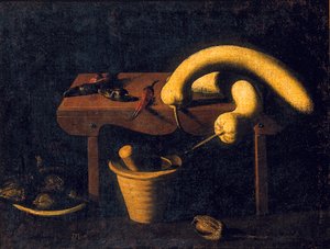 长椅上的辣椒和南瓜静物，上面有一个研杵和死鸟，约1620年（布面油画） 作者 西班牙语学校