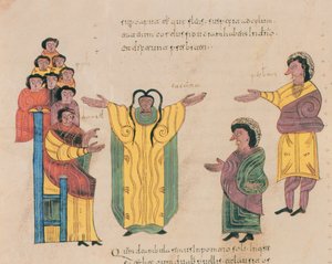 苏珊娜和长老，来自St. Isidores的Visigothic-Mozarabic Bible，fol.324v。，AD 960（牛皮纸上的蛋彩画）