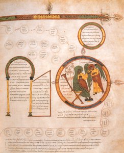 玛利亚的天使报喜和耶稣的家谱，来自圣伊西多尔的Visigothic-Mozarabic圣经，公元960年，第960页（牛皮纸上的蛋彩画）
