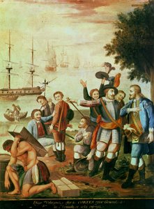 征服墨西哥：迭戈·委拉斯开兹·德奎利亚尔 (1465-1524) 选择埃尔南多·科尔特斯 (1485-1547) 为无敌舰队将军并授予他指挥权（布面油画） 作者 西班牙语学校