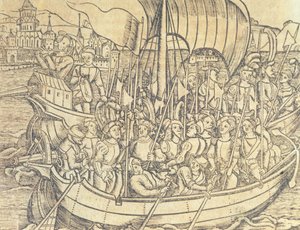 克里斯索弗·哥伦布（Chrisopher Columbus，1450-1596 年）《新大陆的发现》插图来自弗朗西斯科·洛佩兹·德·戈马拉（Francisco Lopez de Gomara，生于 1510 年）1554 年《印度群岛和新世界通史》（雕刻） 作者 西班牙语学校