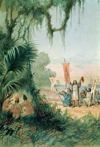 克里斯托弗-哥伦布（1451-1506 年）于 1492 年 10 月 12 日在圣萨尔瓦多岛登陆，摘自《美洲的发现》，巴塞罗那出版社。巴塞罗那 作者 西班牙语学校