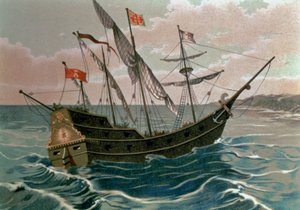 1492 年，圣玛丽亚号驶近新世界海岸，摘自“发现美洲”，酒吧。 巴塞罗那 作者 西班牙语学校