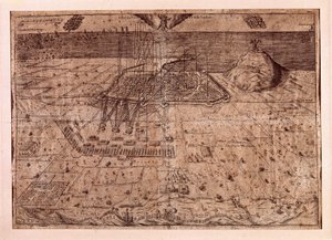 解除加泰罗尼亚或收割者战争（1640-1659），西班牙菲利普四世的军队（1605-1665）海上和陆地的巴塞罗那总部。 雕刻 1652 年。巴塞罗那城市历史博物馆。 作者 西班牙语学校
