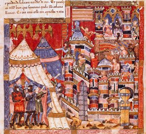特洛伊战争：特洛伊城和希腊人的营地。西班牙手稿 "Codex Benito de Santa Mora "中的一幅微型画的细节 作者 西班牙语学校