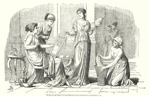 古希腊妇女做家务（石版画） 作者 西班牙语学校