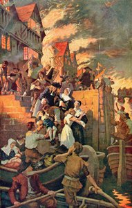 1666年的伦敦大火，来自哈钦森《英国国家的故事》的插图，约1920年（彩色平印）。