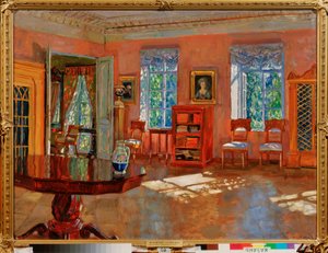 豪宅图书馆的内部。 斯坦尼斯拉夫·尤利安诺维奇·朱可夫斯基 (Zhukovsky) (1873-1944) 的绘画，布面油画，约 1910 年。俄罗斯艺术，20 世纪，现代主义。 鞑靼斯坦共和国国家艺术博物馆，喀山（俄罗斯）。