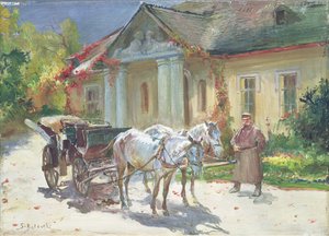 在波兰庄园前，c.1930（布面油画） 作者 斯坦尼斯瓦夫·卡佐尔·巴托夫斯基