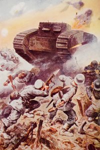 Tanks in Action，插图来自 H.G. Wells 的“历史大纲”，第 II 卷，1920 年出版（彩色石版画）