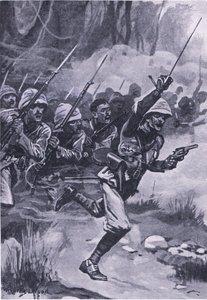 英国1874年1月31日在Amoaful指控Ashantis，1915年英国陆地和海上战役的插图 作者 斯坦利·伍德
