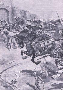 第16位枪骑兵和Skinners Horse驾驶Jats进入Bharatpur; 1825年12月，1915年英国陆地和海上战役的插图 作者 斯坦利·伍德