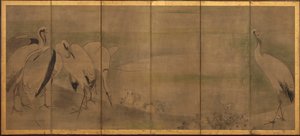 鹤和菊花，桃山或江户时期，1568-1868。