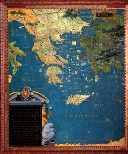 希腊地图由Stefano Bonsignori（？ -1589）意大利宇宙学家和画家制作。1581年左右。佛罗伦萨，韦基奥宫，Mappamondo厅