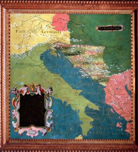 意大利和南斯拉夫（斯拉夫国家）地图由Stefano Bonsignori（？ -1589）意大利宇宙学家和画家制作。1581年左右。佛罗伦萨，韦基奥宫，Mappamondo厅