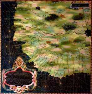 西非海岸地图（利比亚、几内亚、塞拉利昂、塞内加尔），Stefano Bonsignori (Buonsignori) (d. 1589) 1581 年绘制了地理地图室的橱柜。 Palazzo Vecchio, Sala del Mappamondo 佛罗伦萨