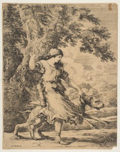 牵着大狗衣领的仙女，约1654年。 作者 斯蒂法诺·德拉·贝拉