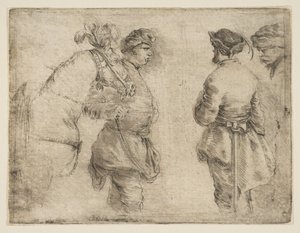 一根杆子the着马，与另外两个人交谈，ca。 1662。 作者 斯蒂法诺·德拉·贝拉