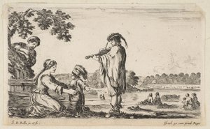 1649年，一名男子在中心拉小提琴，向左转，一位坐着的女士到...。 作者 斯蒂法诺·德拉·贝拉