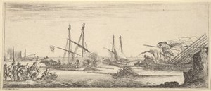 一场海战，一艘排满了人的划艇，一艘沉没的船向右，两个厨房，…… 1641。 作者 斯蒂法诺·德拉·贝拉