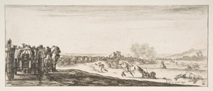 左边是一队马拉的炮车，骑兵在战斗中，还有一个死了的豪......，约1641年。 作者 斯蒂法诺·德拉·贝拉