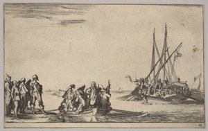 1639年，一艘划艇在中心的人满座，一群人站在岸边，一艘船上满是……。 作者 斯蒂法诺·德拉·贝拉