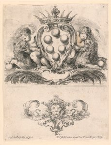 托斯卡纳大公的纹章：狮子面具装饰，第6号，来自 "Raccolta di varii cappriccii et nove inventioni di cartelle et ornamenti"。