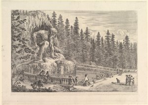 詹博洛尼亚（Giambologna）留下的巨大Appenino雕像，左为巨大的蛋糕……。 1653。 作者 斯蒂法诺·德拉·贝拉