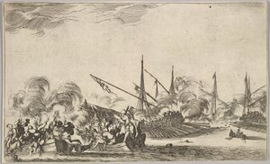 与几艘划艇和船只作战，划艇中的两组人向左战斗...，1639年。 作者 斯蒂法诺·德拉·贝拉