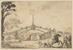 桥上的战斗，一个骑士和两个脚夫在右下方用剑战斗......，约1645年。 作者 斯蒂法诺·德拉·贝拉