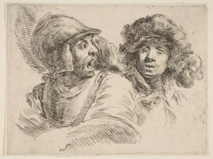 惊吓的士兵和一个戴裘皮帽的男人，ca。 1652。 作者 斯蒂法诺·德拉·贝拉