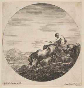 骑马的牧民从六个动物对象身上驱赶动物，大约六个sujets danimaux，ca。 1646。 作者 斯蒂法诺·德拉·贝拉