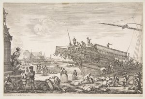 1654-55年，从里窝那（Livorno Vues du Livourne）港口的景色装载厨房。 作者 斯蒂法诺·德拉·贝拉