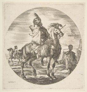 摩尔人骑兵朝右，一个黑人奴隶在右边抱着一个皮毛，正……。 1651。